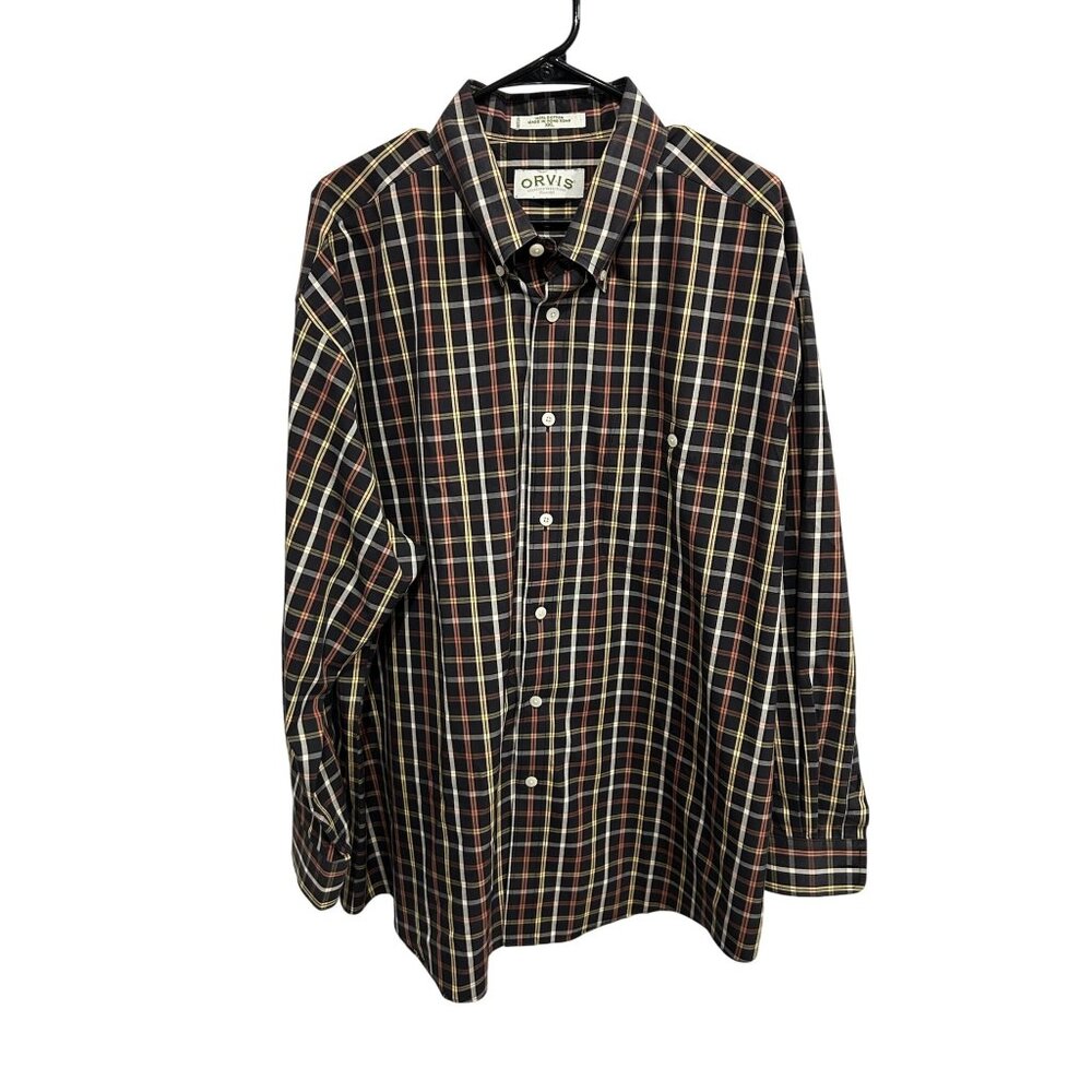 Orvis Plaid Long Sleeve Button Down Shirt Black Multi Sz XXL Classic Office Work